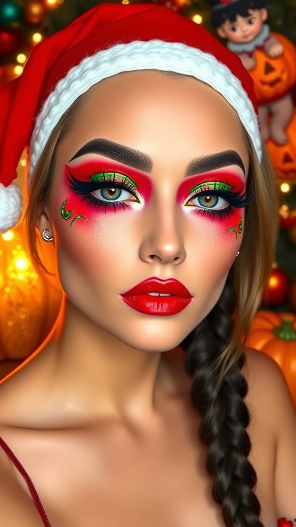 Spooky Christmas Makeup Tutorial A creative makeup look blending Halloween and Christmas themes with red and green colors and spooky designs.